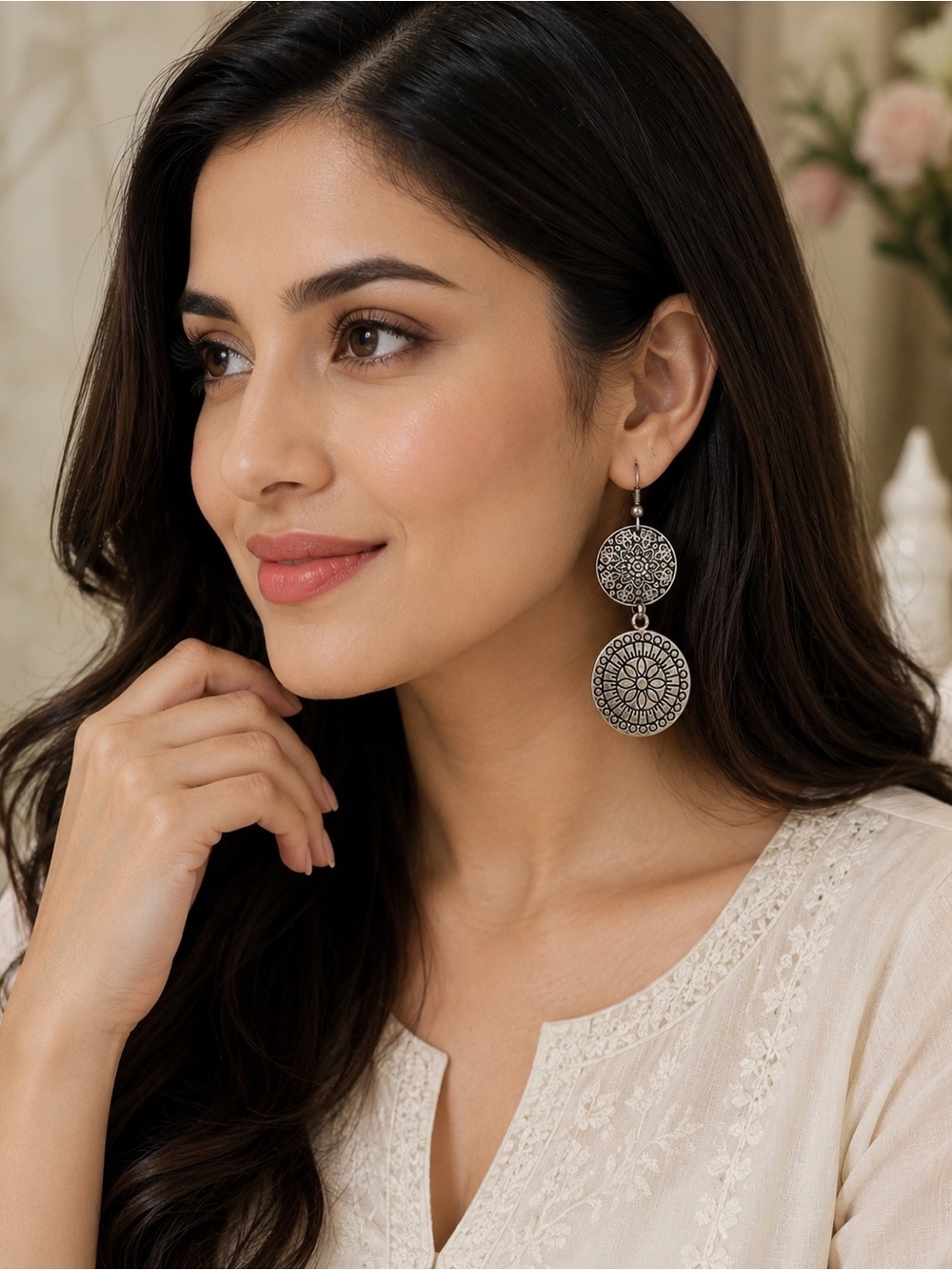 Boho Silver Tone Double Disc Dangle Earrings Vintage Mandala Statement Jewelry
